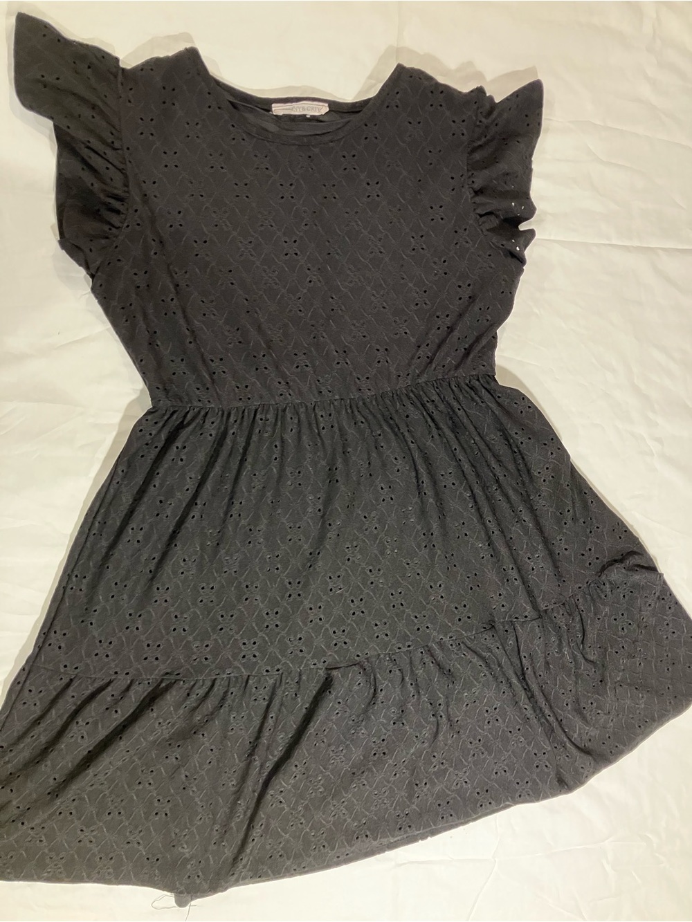 Tiffany & Grey Black Eyelet Midi Dress with Flutter Sleeves fully lined